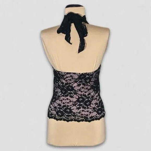 Vintage Y2K Speechless Halter Top High Neck Stretchy Sheer Lace Black Pink Sz S - Picture 2 of 13